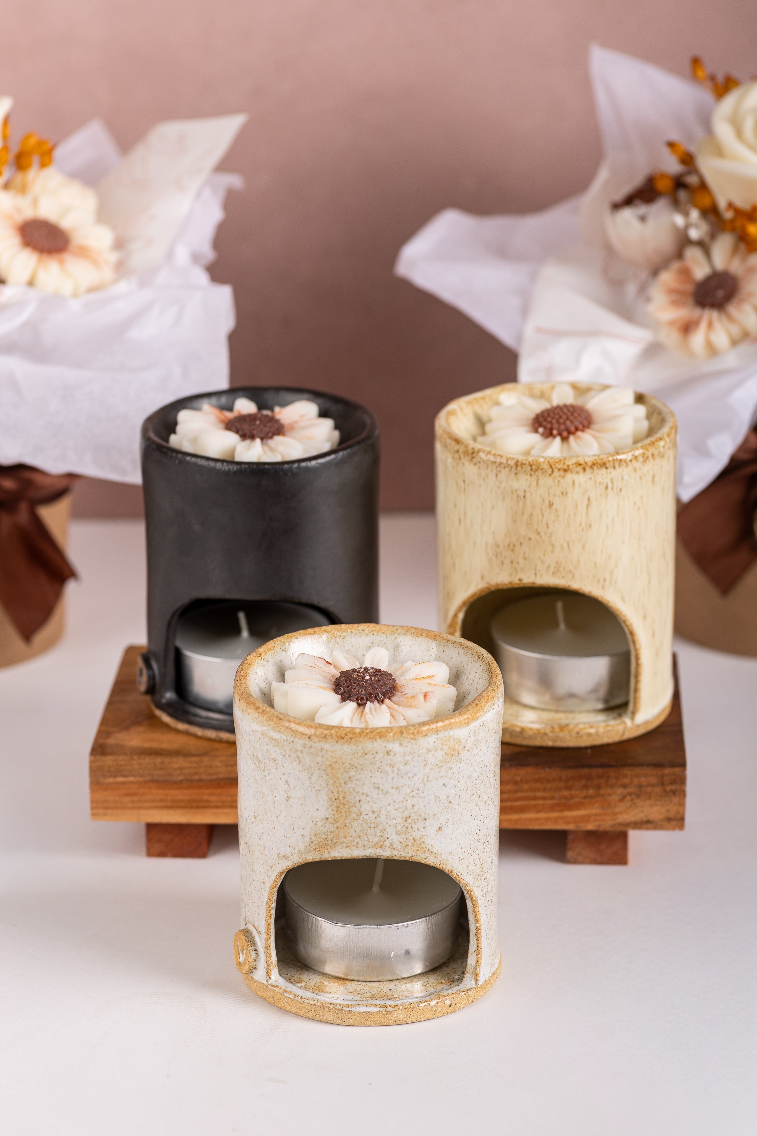 Pack Bouquet Aromático + Quemador Gres + Velas + Bombones + Base